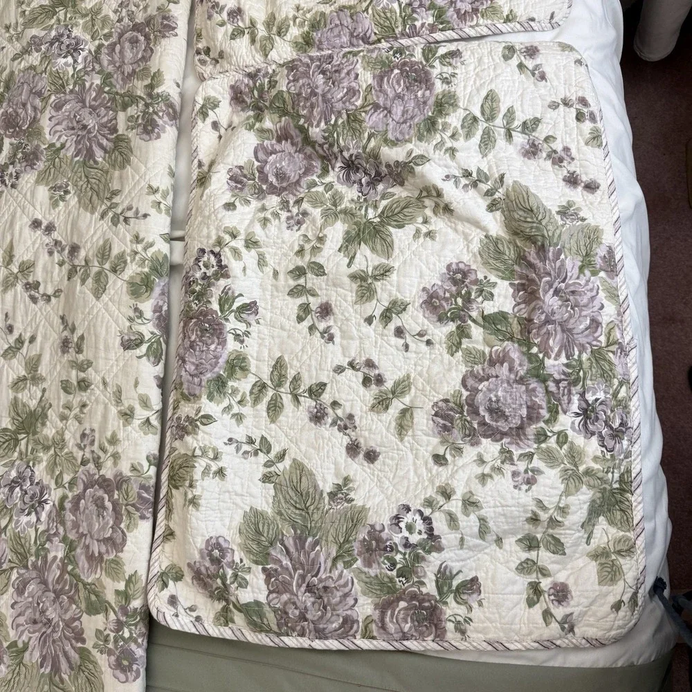 Vtg Cottagecore Quilt Full Queen Floral Shams Rose Reversible Striped Bedspread